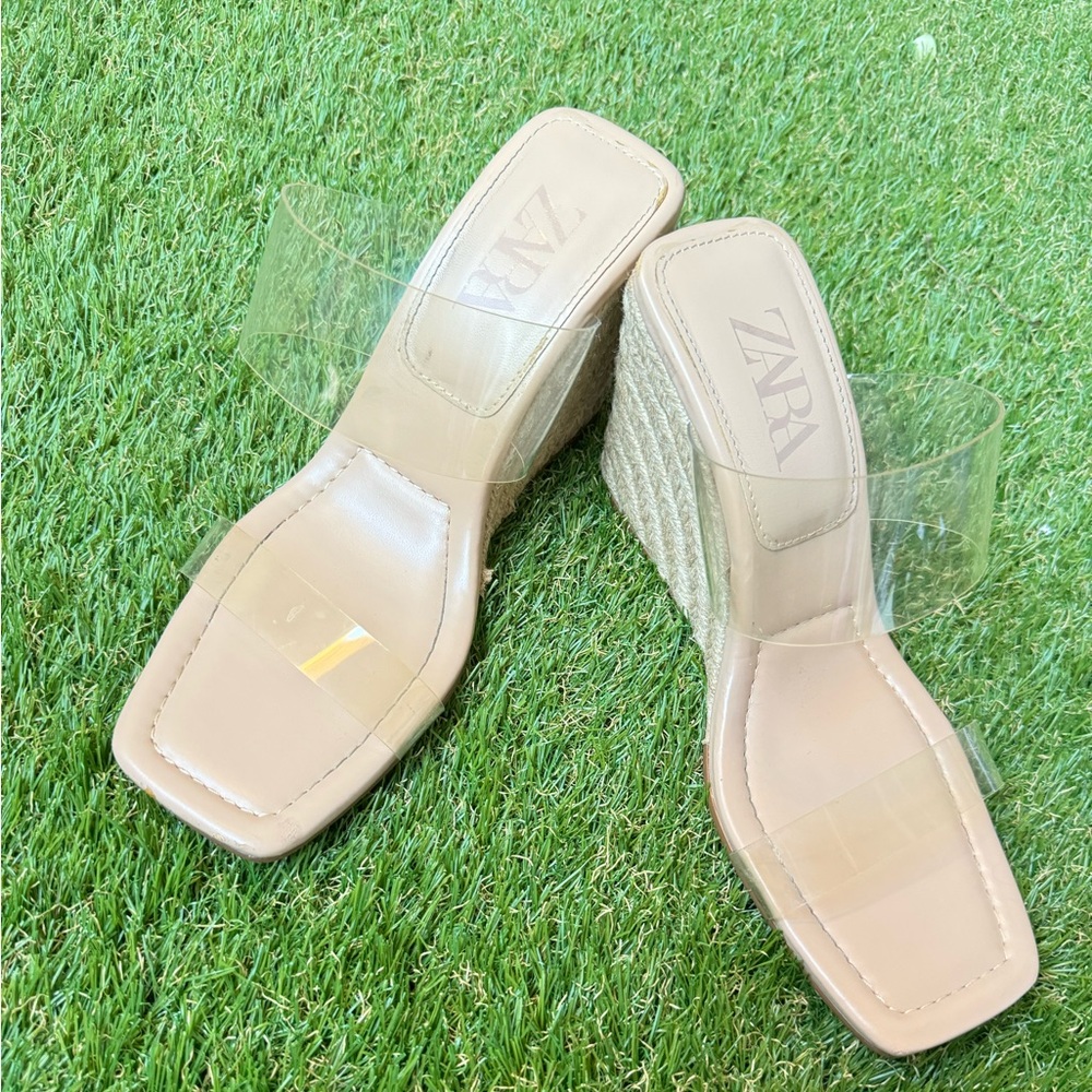 Zara Vinyl Transparent Clear Double Strap Wedge Espadrille Sandals